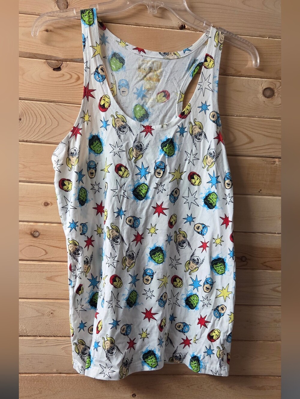 Marvel Womens White Tank Top with Multicolor Superhero Faces Size L GUC